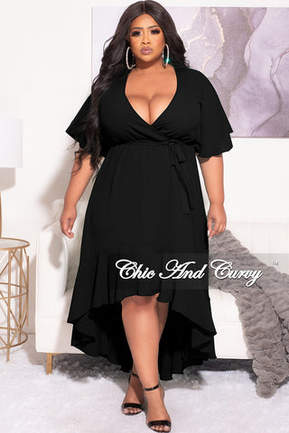 Final Sale Plus Size Faux Wrap High-Low Dress with Waist Tie in Black