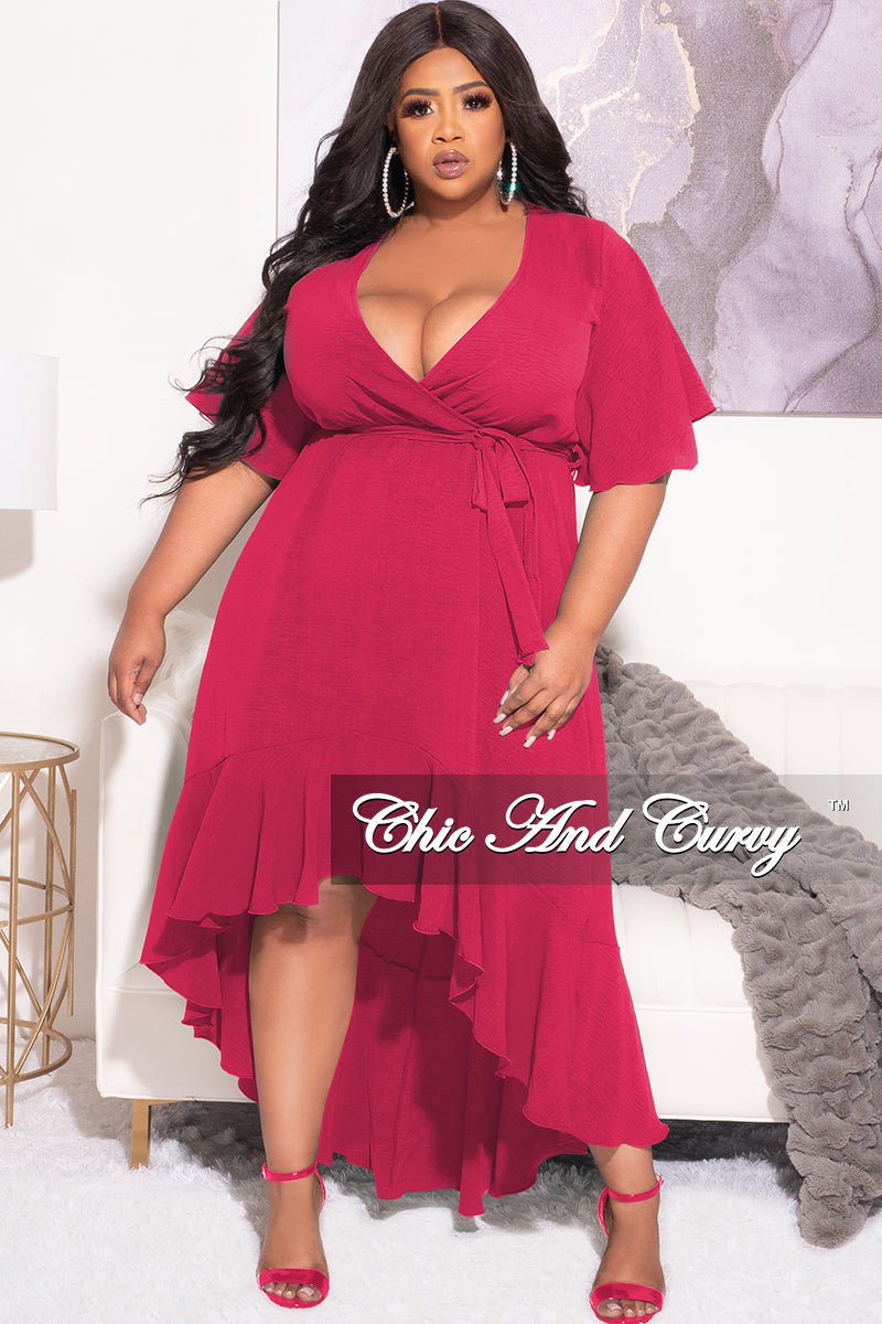 plus size high waisted dress Plus Size Summer Floral Slit High Waist Self Belted A Line Maxi Vacation Casual Dress In RED