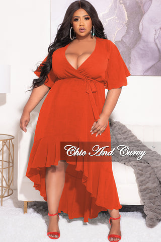 Final Sale Plus Size Faux Wrap High-Low Dress with Waist Tie in Orange