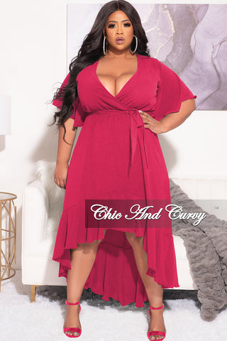 Final Sale Plus Size Faux Wrap High-Low Dress with Waist Tie in Pink Fuchsia
