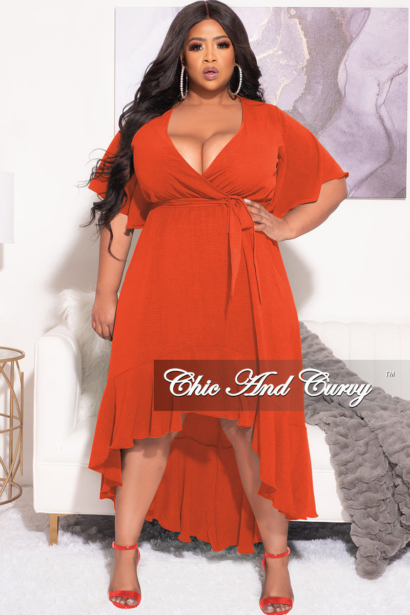 Final Sale Plus Size Faux Wrap High-Low Dress with Waist Tie in Orange