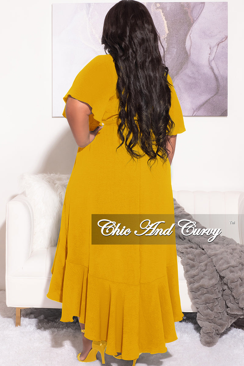 Final Sale Plus Size Faux Wrap High-Low Dress with Waist Tie in Mustard