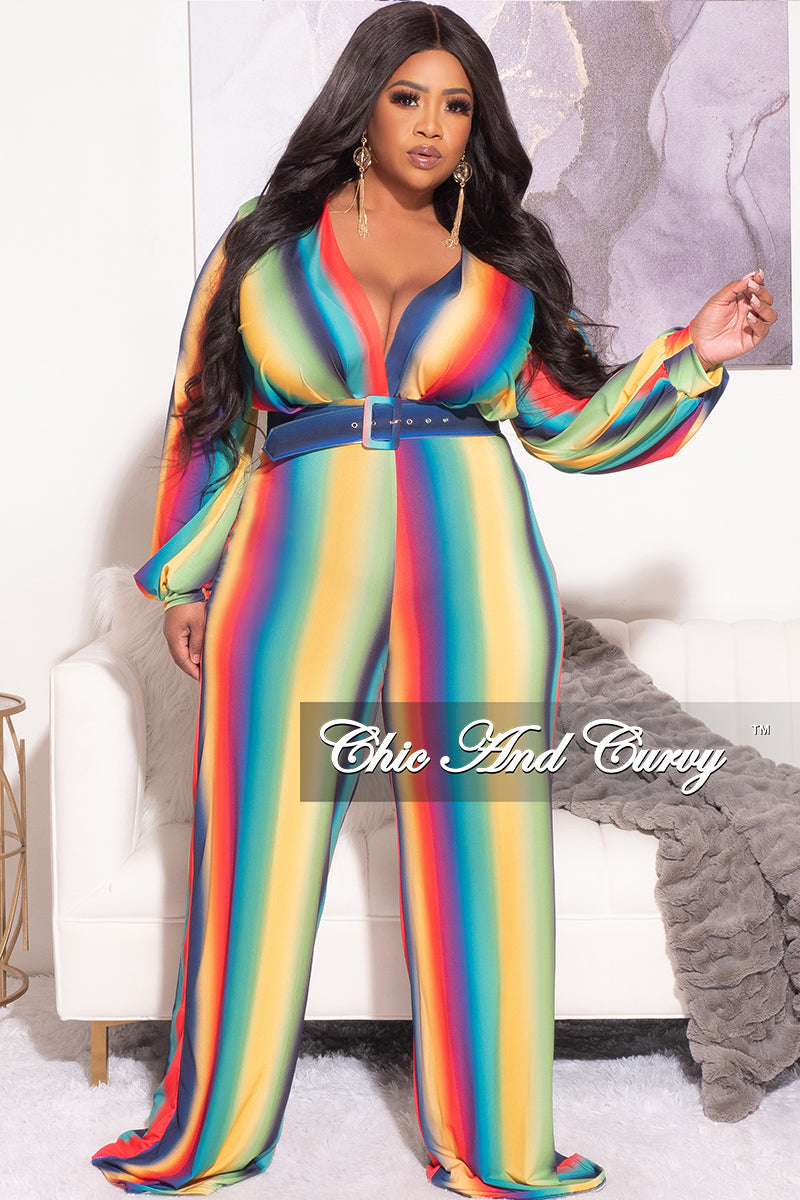 Final Sale Plus Size Long Sleeve Deep V Belted Wide Leg Jumpsuit in Rainbow Print