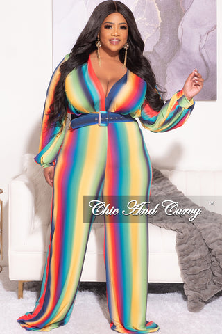 Final Sale Plus Size Long Sleeve Deep V Belted Wide Leg Jumpsuit in Rainbow Print