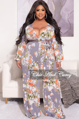 Final Sale Plus Size Long Sleeve Faux Wrap Jumpsuit with Waist Tie in Grey Orange and Olive Floral Print