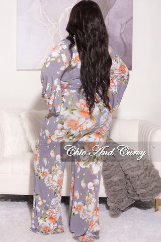 Final Sale Plus Size Long Sleeve Faux Wrap Jumpsuit with Waist Tie in Grey Orange and Olive Floral Print