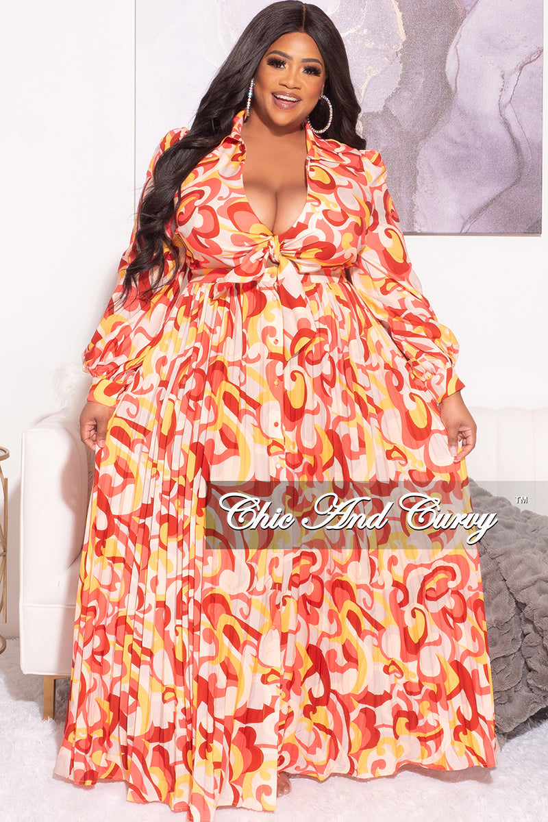 Final Sale Plus Size Collar Tie Top Pleated Maxi Dress in Multi Color Design Print
