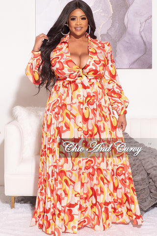 Final Sale Plus Size Collar Tie Top Pleated Maxi Dress in Multi Color Design Print