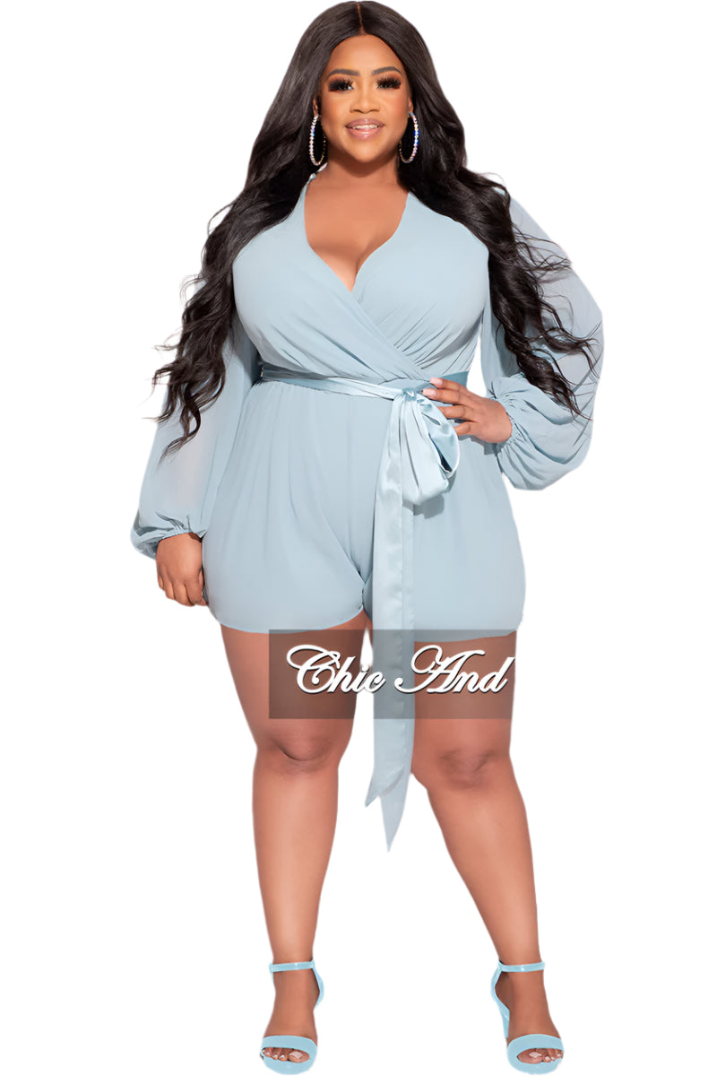 Final Sale Plus Size Chiffon Faux Wrap Bell Sleeve Romper in Light Teal Blue