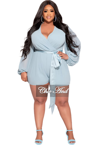 Final Sale Plus Size Chiffon Faux Wrap Bell Sleeve Romper in Light Teal Blue