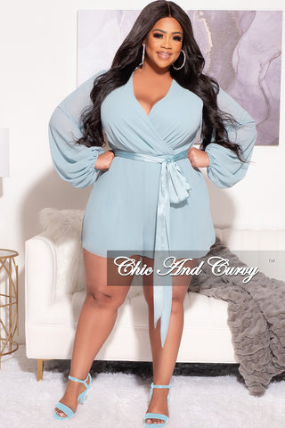 Final Sale Plus Size Chiffon Faux Wrap Bell Sleeve Romper in Light Teal Blue
