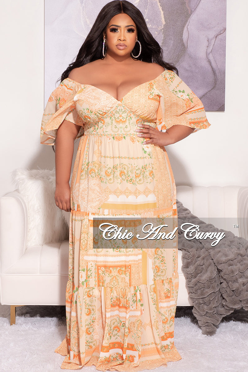 Final Sale Plus Size Off the Shoulder Deep V Maxi Dress in  Mustard Orange and Green Floral Print