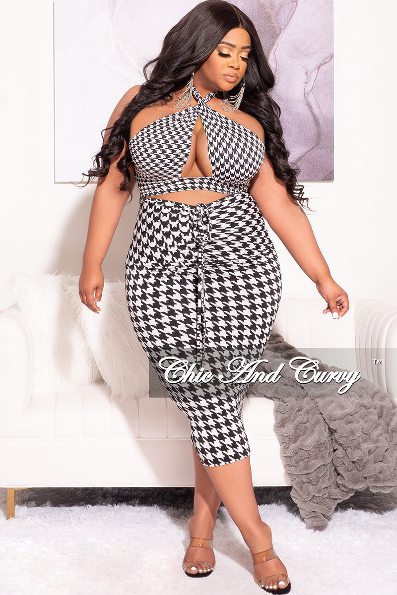 Final Sale Plus Size Halter Bodycon with Front Cutout in Houndstooth Print