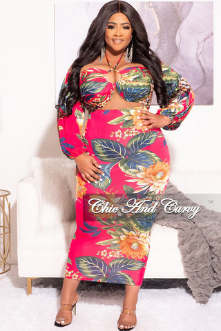 Final Sale Plus Size Off The Shoulder Halter Bodycon with Front Cutout in Fuchsia Floral  Print