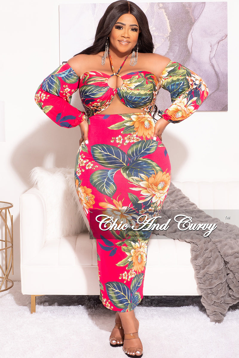 Final Sale Plus Size Off The Shoulder Halter Bodycon with Front Cutout in Fuchsia Floral  Print