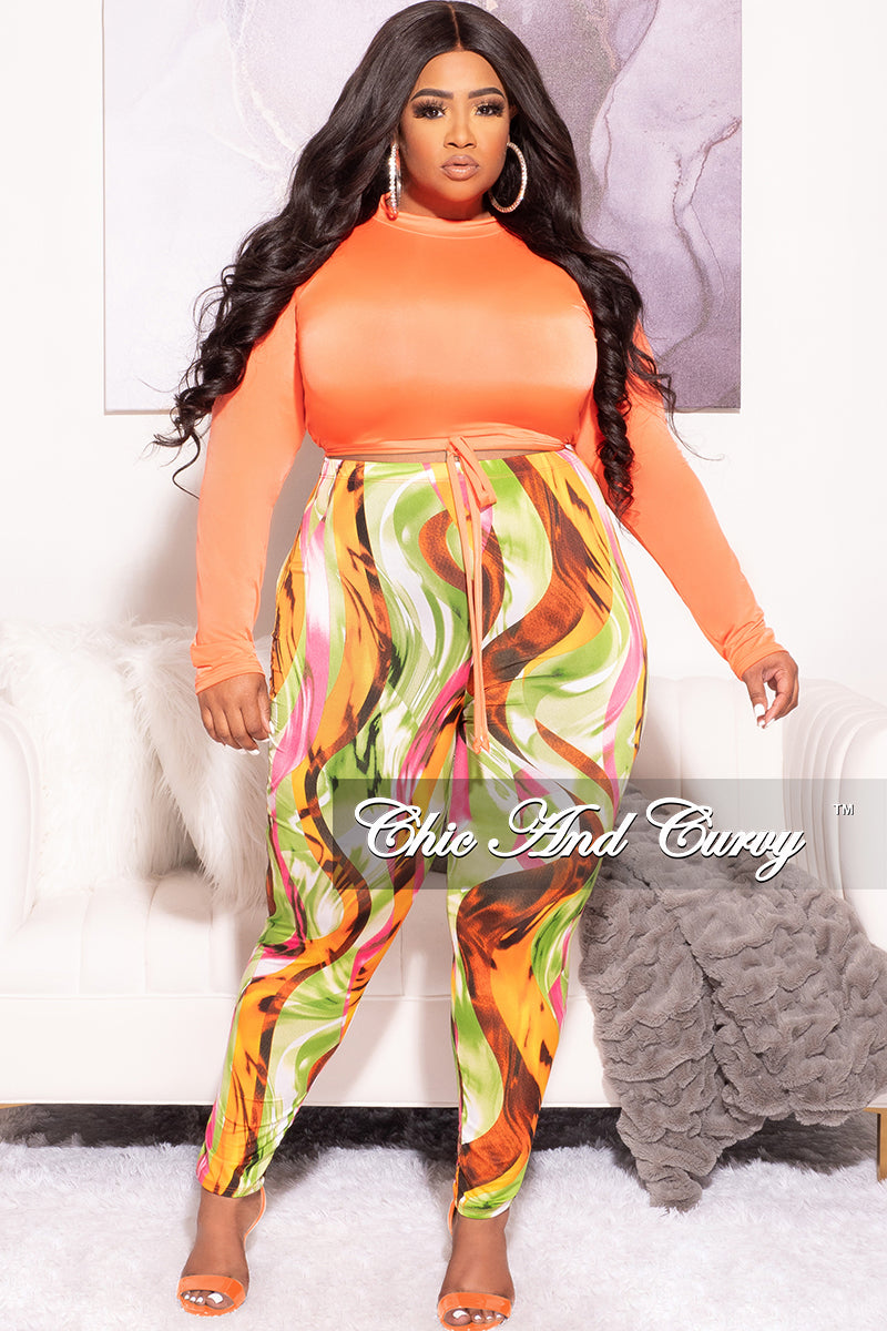 Final Sale Plus Size 2pc Long Sleeve Crop Tie Top and Pants in Neon Orange & Multi Color