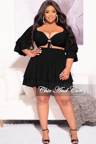 Final Sale Plus Size 2pc Set Off the Shoulder Crop Tie Top and Ruffle Layered Hem Mini Skirt in Black