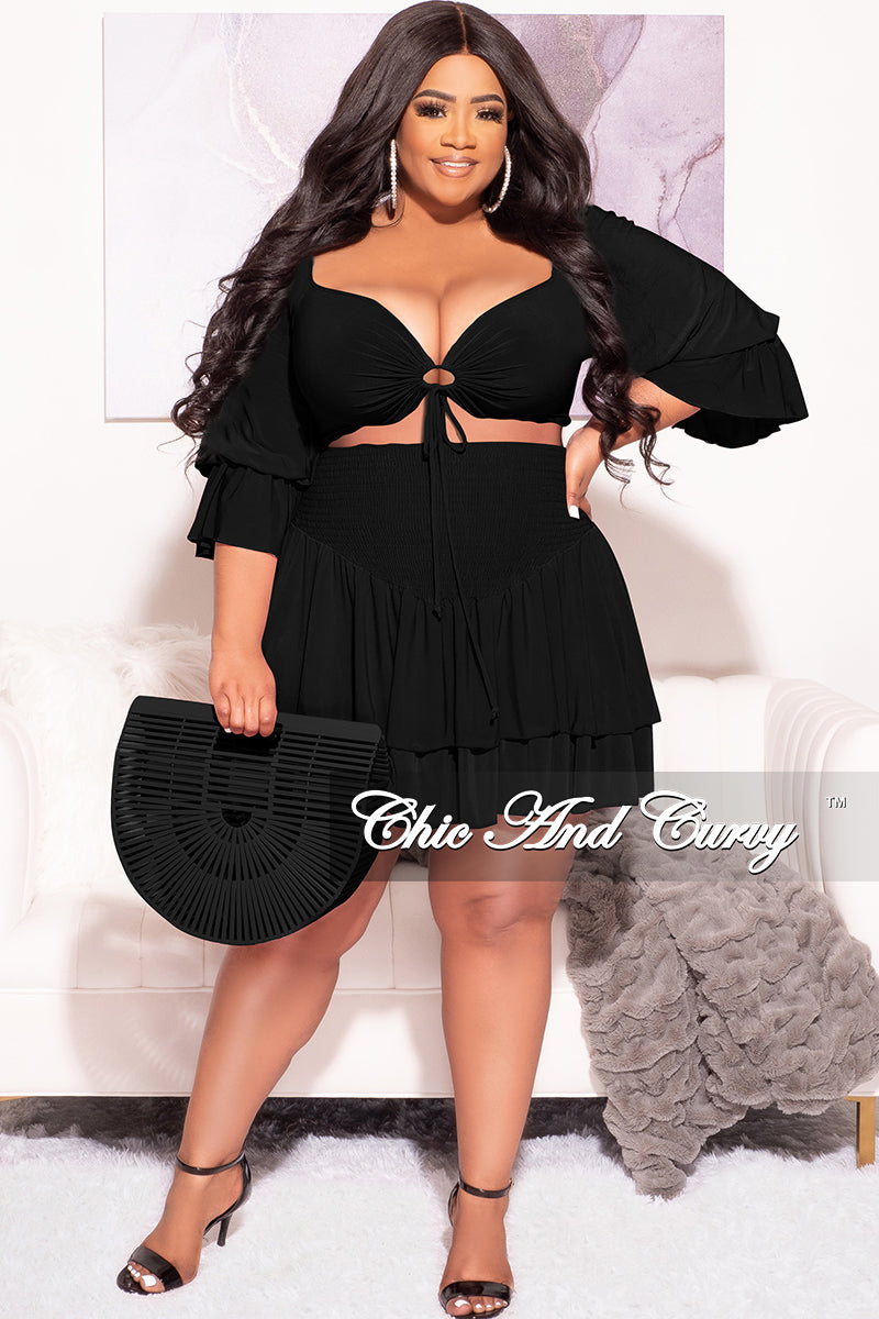 Final Sale Plus Size 2pc Set Off the Shoulder Crop Tie Top and Ruffle Layered Hem Mini Skirt in Black