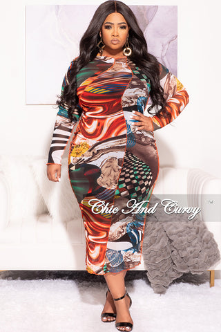 Final Sale Plus Size Sheer Mesh Bodycon Dress in Multi Color Design Print