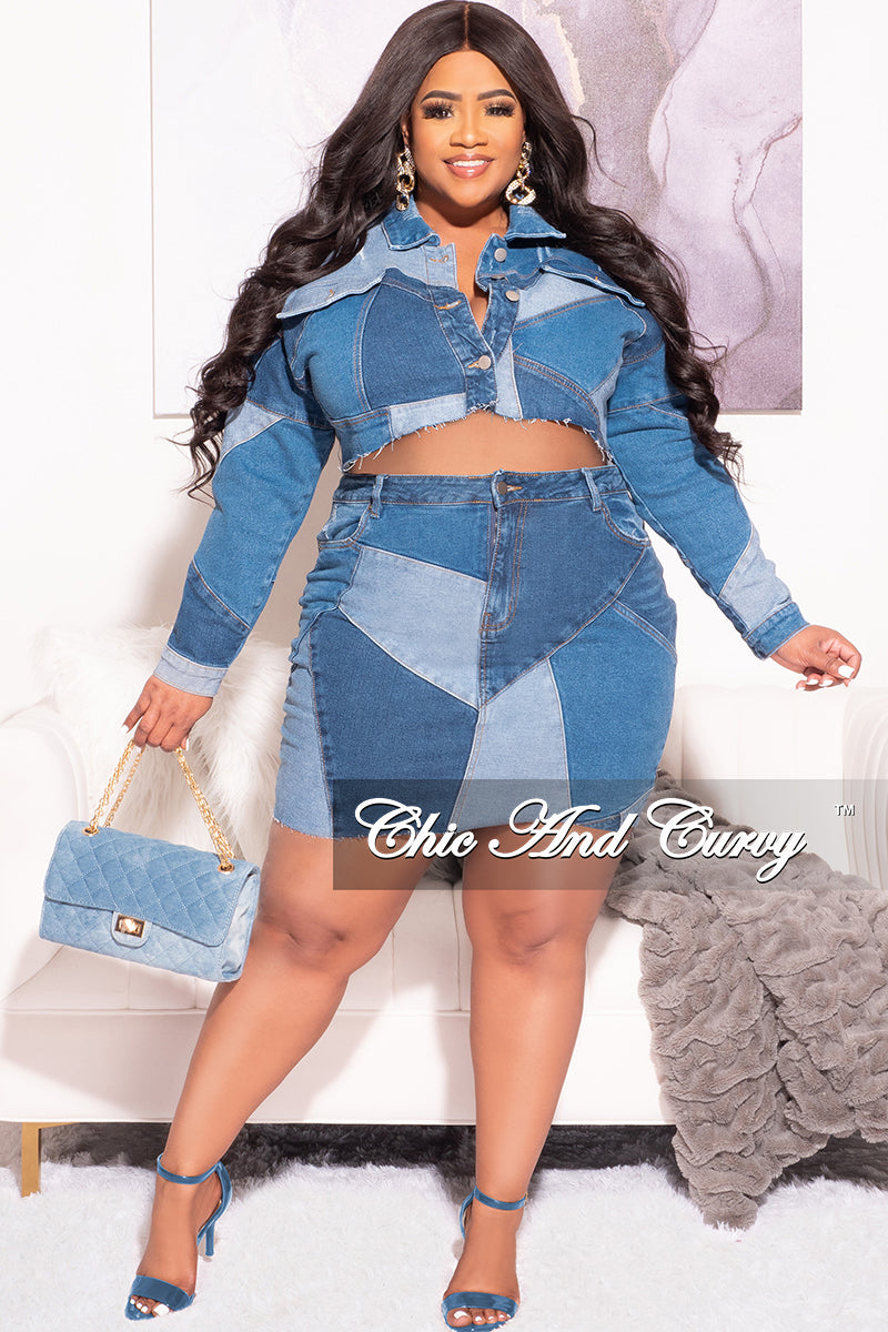 Final Sale Plus Size 2pc Crop Jacket and Skirt Set in Blue Denim Patchwork