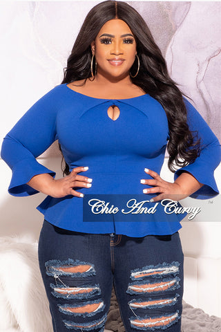 Final Sale Plus Size Bell Sleeve Peplum Top with Front Keyhole in Royal Blue