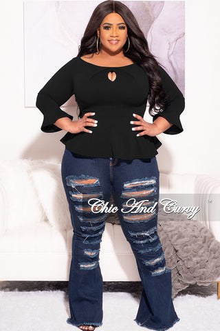 Final Sale Plus Size Bell Sleeve Peplum Top with Front Keyhole in Black