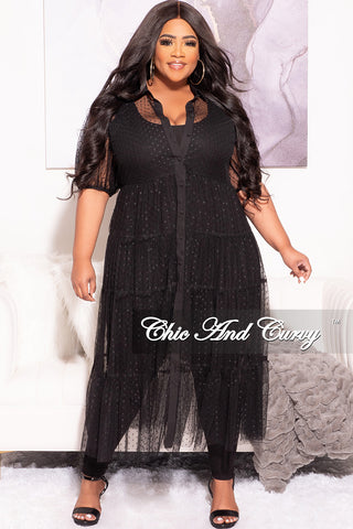 Final Sale Plus Size Sheer Collar Button Up Polka Dot Dress in Black