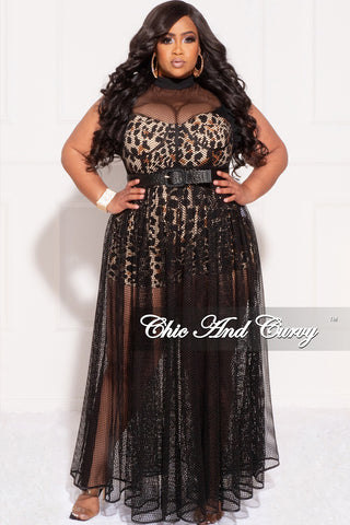 Final Sale Plus Size 2pc Black Net Dress with Animal Print Romper