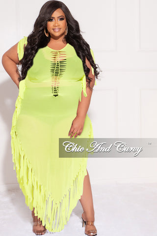Final Sale Plus Size Mesh Cover-Up Dress with Cutout Front and Fringe Trim in Neon Green