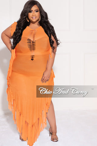 Final Sale Plus Size Mesh Cover-Up Dress with Cutout Front and Fringe Trim in Orange
