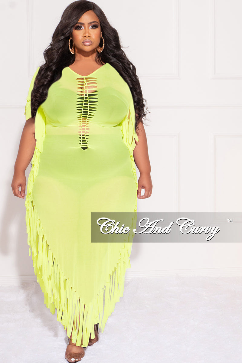 Final Sale Plus Size Mesh Cover-Up Dress with Cutout Front and Fringe Trim in Neon Green - 2x 18/20 Final Sale Plus Size Mesh Cover-Up Dress with Cutout Front and Fringe Trim in Neon Green - 2x 18/20