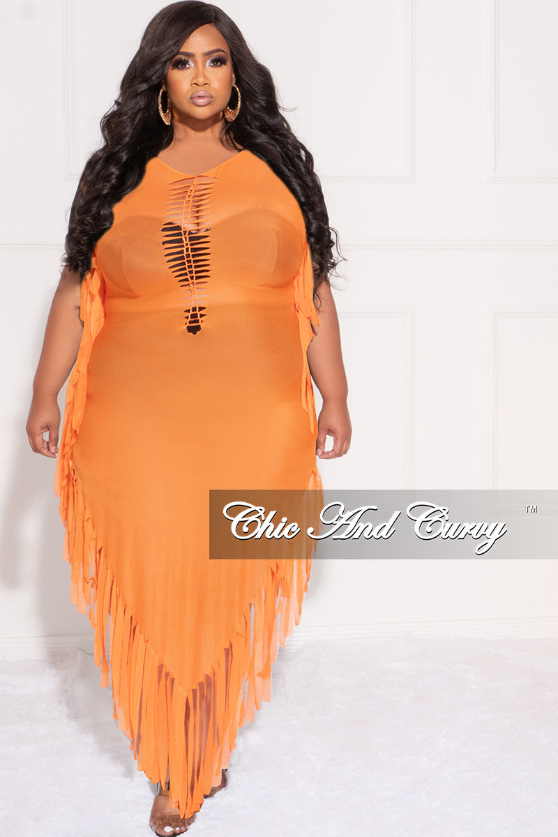 plus size mesh dress Final Sale Plus Size Mesh Cover-Up Dress with Cutout Front and Fringe – Chic And Curvy