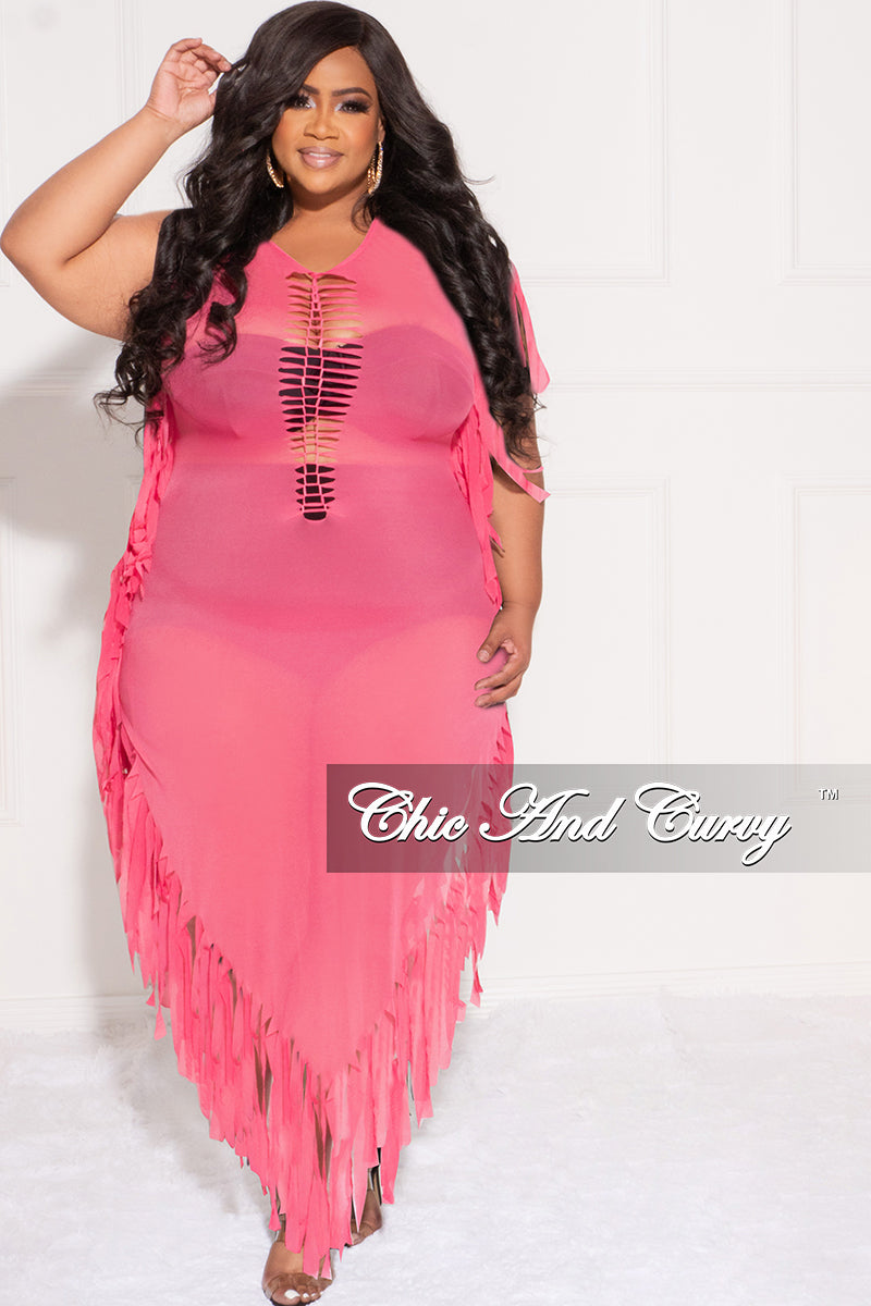 Final Sale Plus Size Mesh Cover-Up Dress with Cutout Front and Fringe Trim in Hot Pink - 1x 14/16 Final Sale Plus Size Mesh Cover-Up Dress with Cutout Front and Fringe Trim in Hot Pink - 1x 14/16