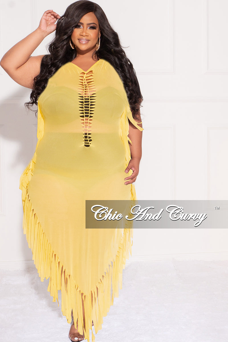 Final Sale Plus Size Mesh Cover-Up Dress with Cutout Front and Fringe Trim in Yellow