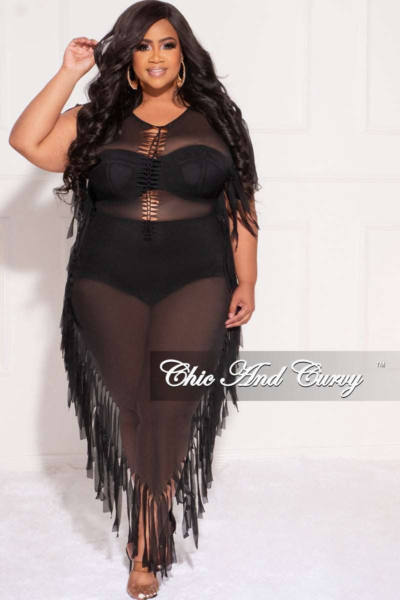 Final Sale Plus Size Mesh Cover-Up Dress with Cutout Front and Fringe Trim in Black