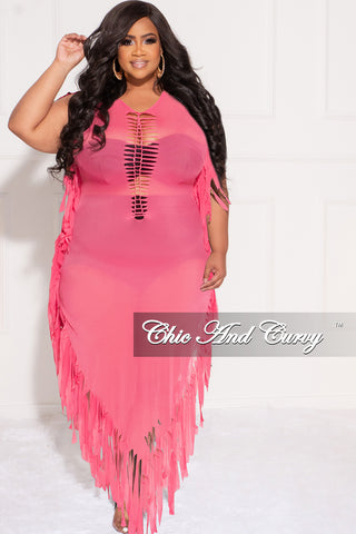 Final Sale Plus Size Mesh Cover-Up Dress with Cutout Front and Fringe Trim in Hot Pink