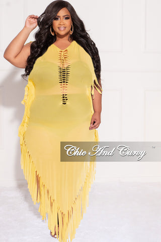 Final Sale Plus Size Mesh Cover-Up Dress with Cutout Front and Fringe Trim in Yellow