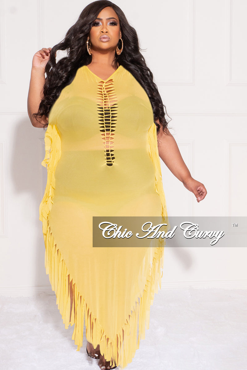 Final Sale Plus Size Mesh Cover-Up Dress with Cutout Front and Fringe Trim in Yellow - 2X 18/20 Final Sale Plus Size Mesh Cover-Up Dress with Cutout Front and Fringe Trim in Yellow - 2X 18/20
