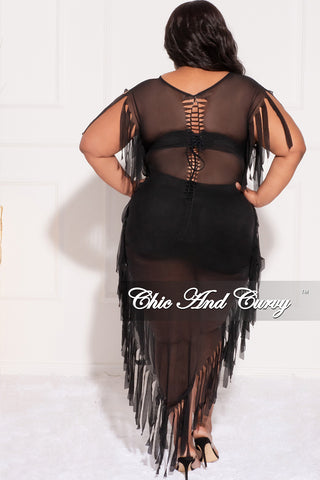 Final Sale Plus Size Mesh Cover-Up Dress with Cutout Front and Fringe Trim in Black