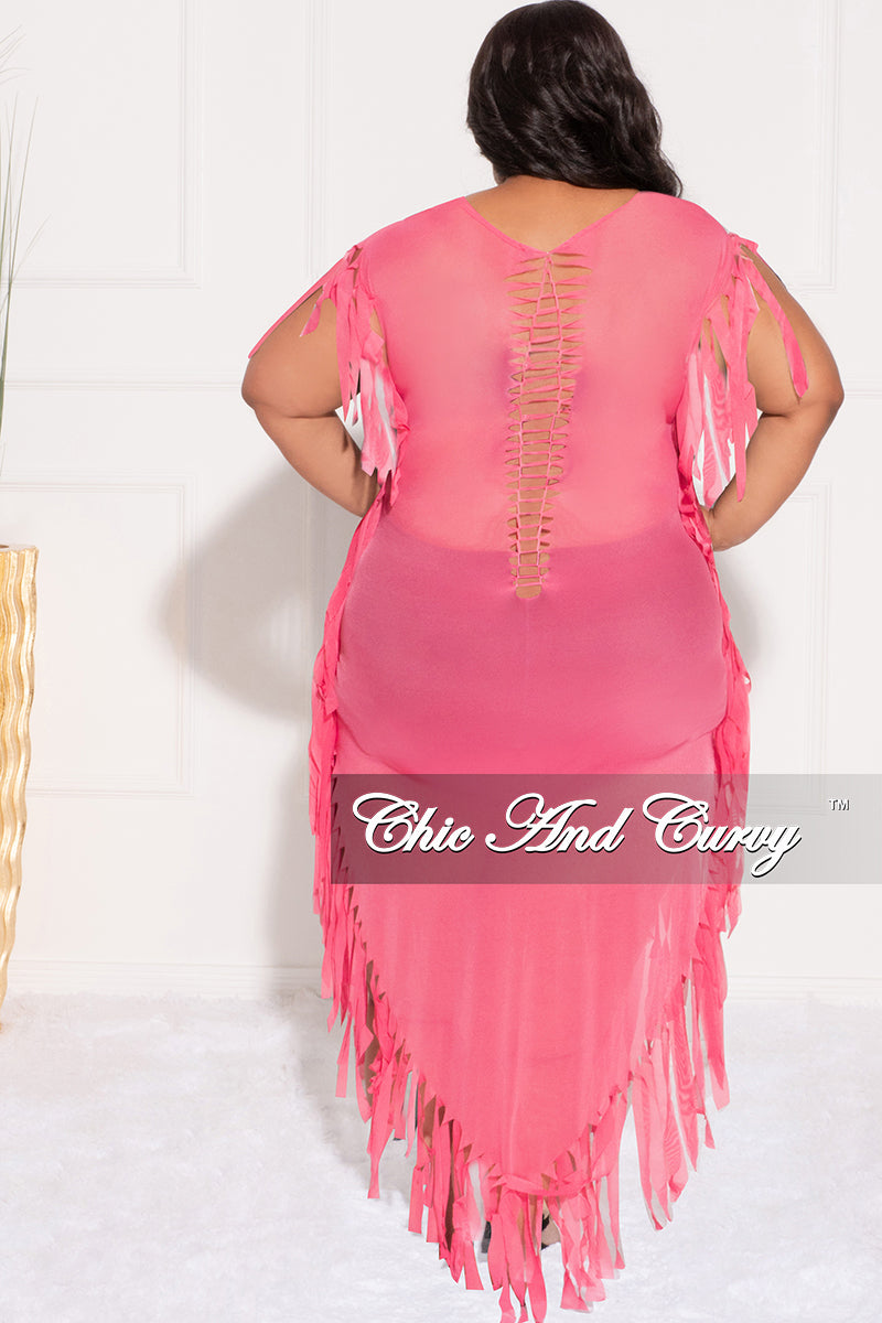 Final Sale Plus Size Mesh Cover-Up Dress with Cutout Front and Fringe Trim in Hot Pink