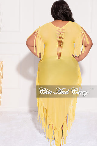 Final Sale Plus Size Mesh Cover-Up Dress with Cutout Front and Fringe Trim in Yellow