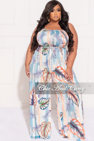 Final Sale Plus Size Strapless Jumpsuit with Tie in Blue Multi Color Striped Leaf Print
