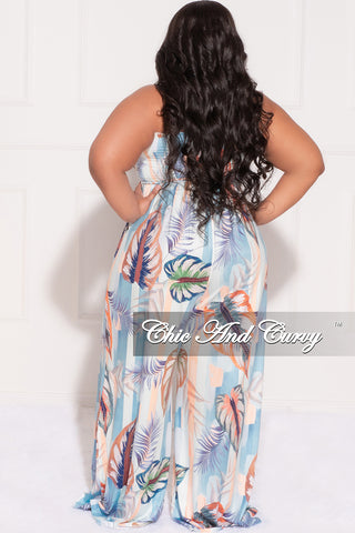 Final Sale Plus Size Strapless Jumpsuit with Tie in Blue Multi Color Striped Leaf Print