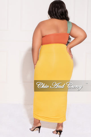 Final Sale Plus Size 2pc One Shoulder Twist Front Crop Top and Ruched Skirt in Yellow Dark Rust and Green