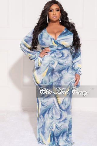 Final Sale Plus Size Faux Wrap Maxi Dress with Waist Tie in Blue and Green Design Print