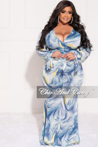 Final Sale Plus Size Faux Wrap Maxi Dress with Waist Tie in Blue and Green Design Print