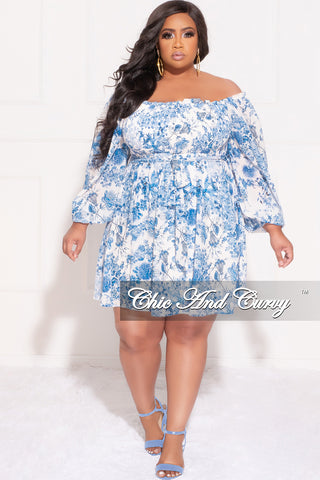 Final Sale Plus Size Off the Shoulder Chiffon BabyDoll Dress with Tie in Blue and White Floral Print