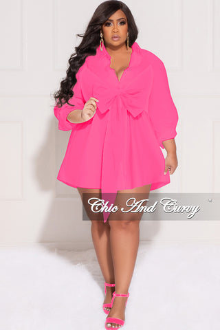 Final Sale Plus Size Shirt Dress with Front Bow Tie in Fuchsia