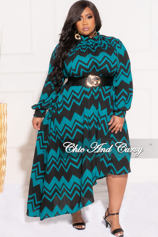 Final Sale Plus Size Sheer Asymmetrical Chiffon Dress in Dark Teal and Black Design Print