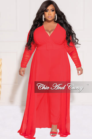 Final Sale Plus Size Mesh Ruched Sleeve Jumpsuit with Attached Long Skirt in Red